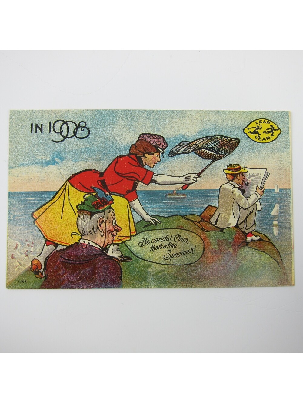 Leap Year Woman Netting Man on Rock Marriage Comic Humor Unposted Antique 1908